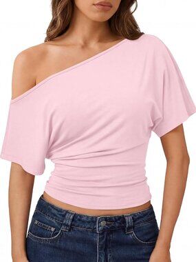 Women's Pink Rayon Blend Short Sleeve One Shoulder Neck Pull On Henley Shirts